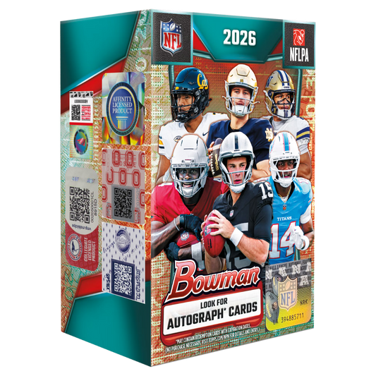 2026 Topps Bowman Football Value Blaster Box with 6 packs, 60 trading cards, NFL rookies, and 1st Bowman prospects