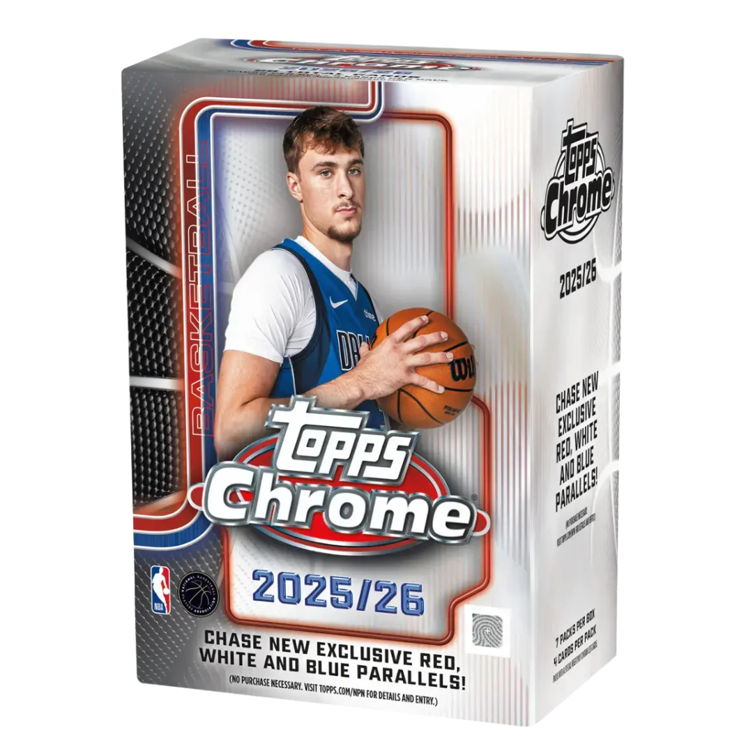 2026 Topps Chrome Basketball Value Blaster Box retail packaging with Chrome basketball cards and modern Topps design