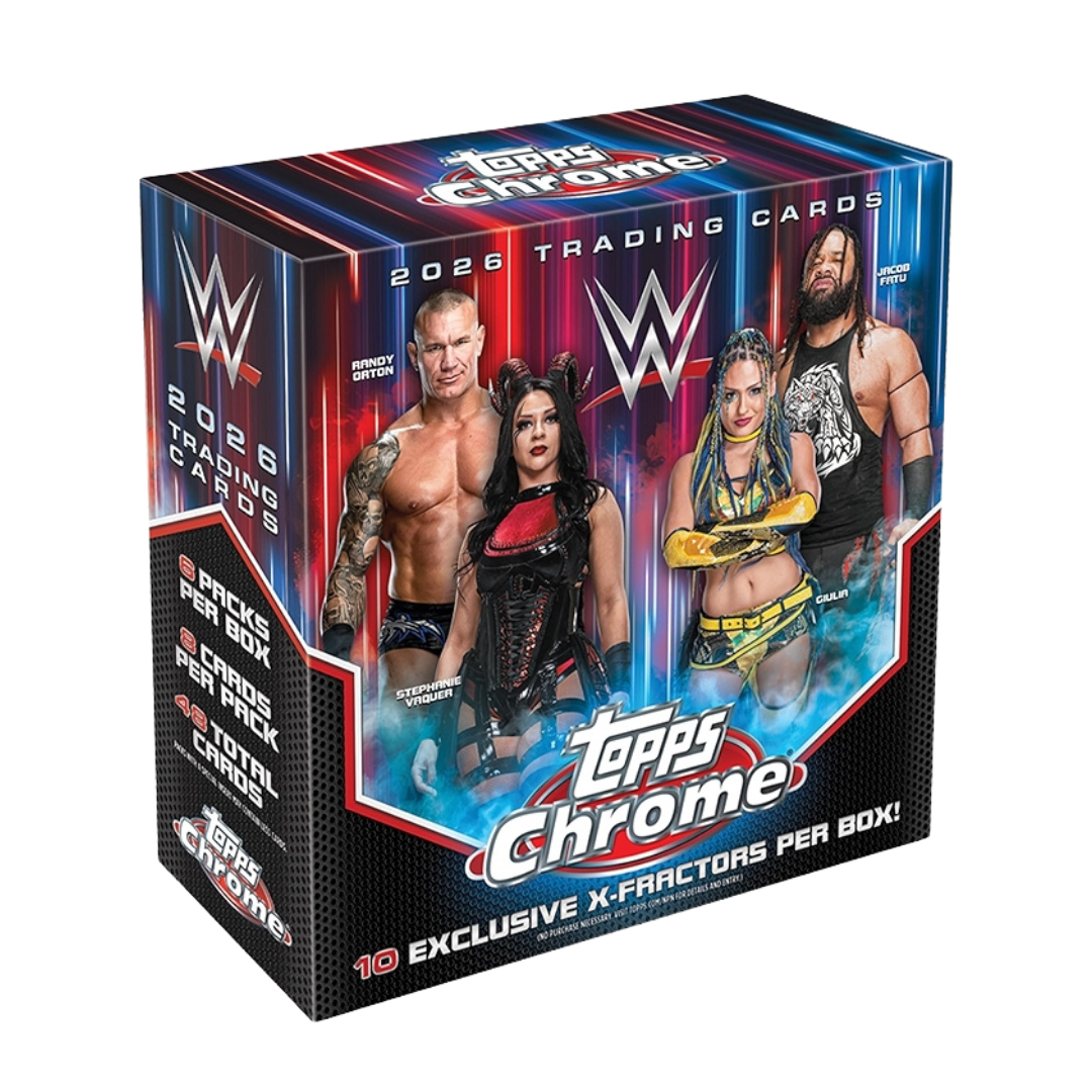 2026 Topps Chrome WWE Mega Box with WWE superstars and chrome refractor trading cards