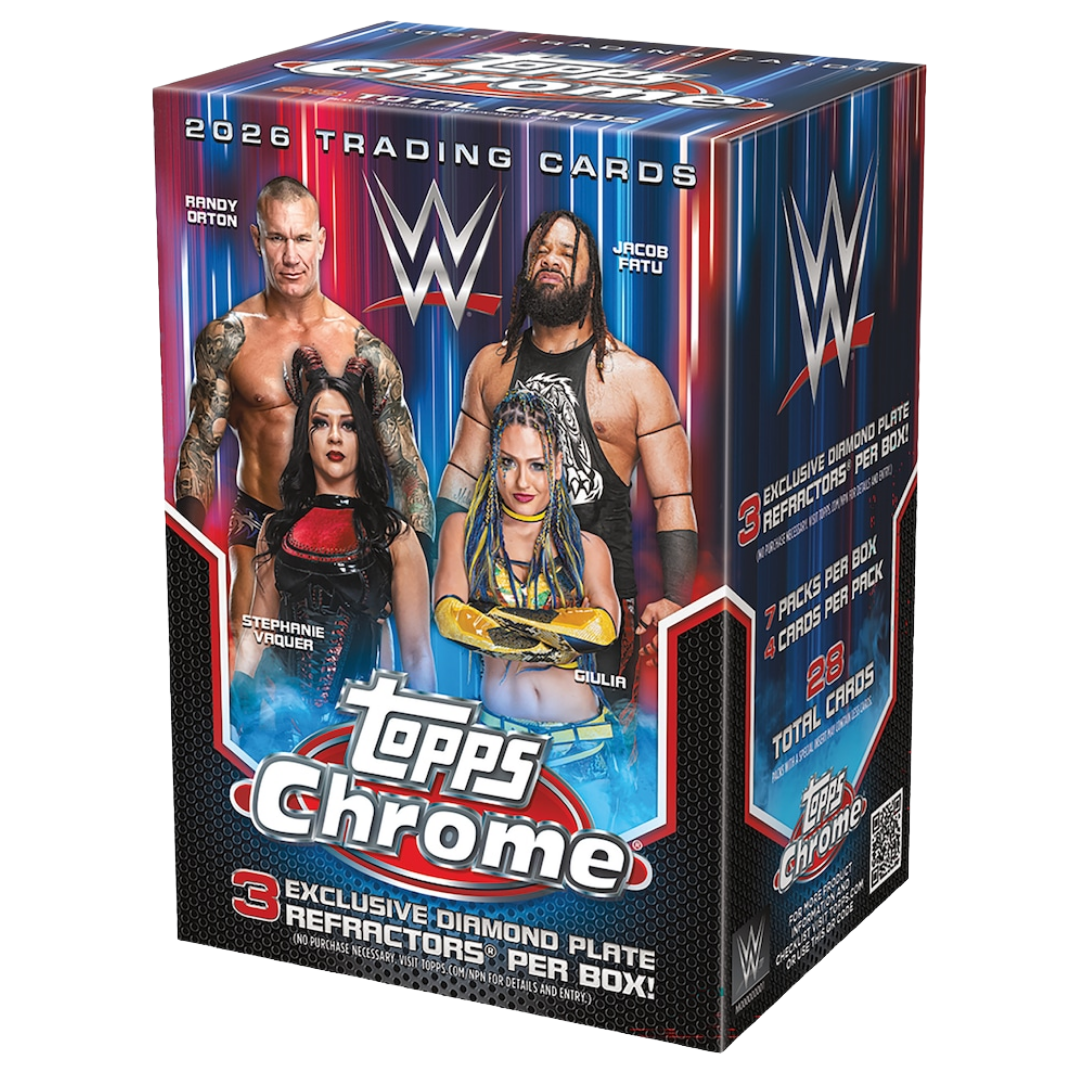 2026 Topps Chrome WWE Value Blaster Box with WWE superstars and chrome refractor trading cards