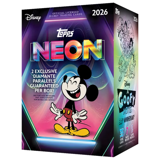 2026 Topps Disney Neon Value Blaster Box with Mickey Mouse and colorful neon Disney trading cards