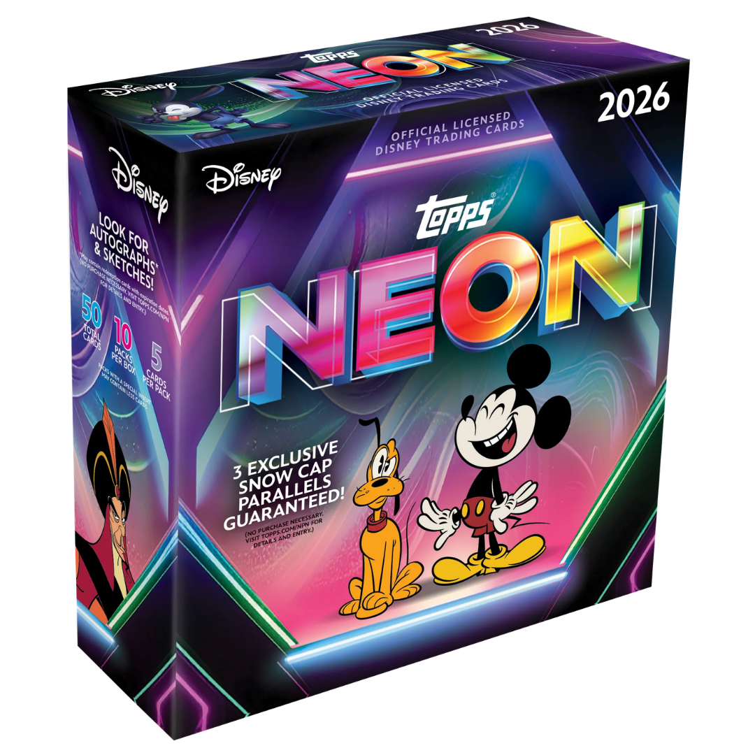 2026 Topps Disney Neon Mega Box with Disney trading cards and Snow Cap Parallels