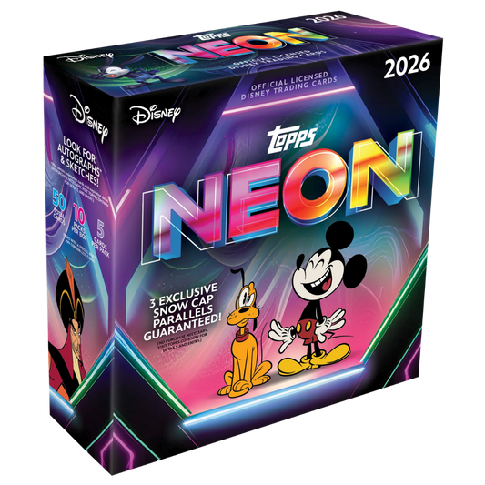 2026 Topps Disney Neon Mega Box with Disney trading cards and Snow Cap Parallels