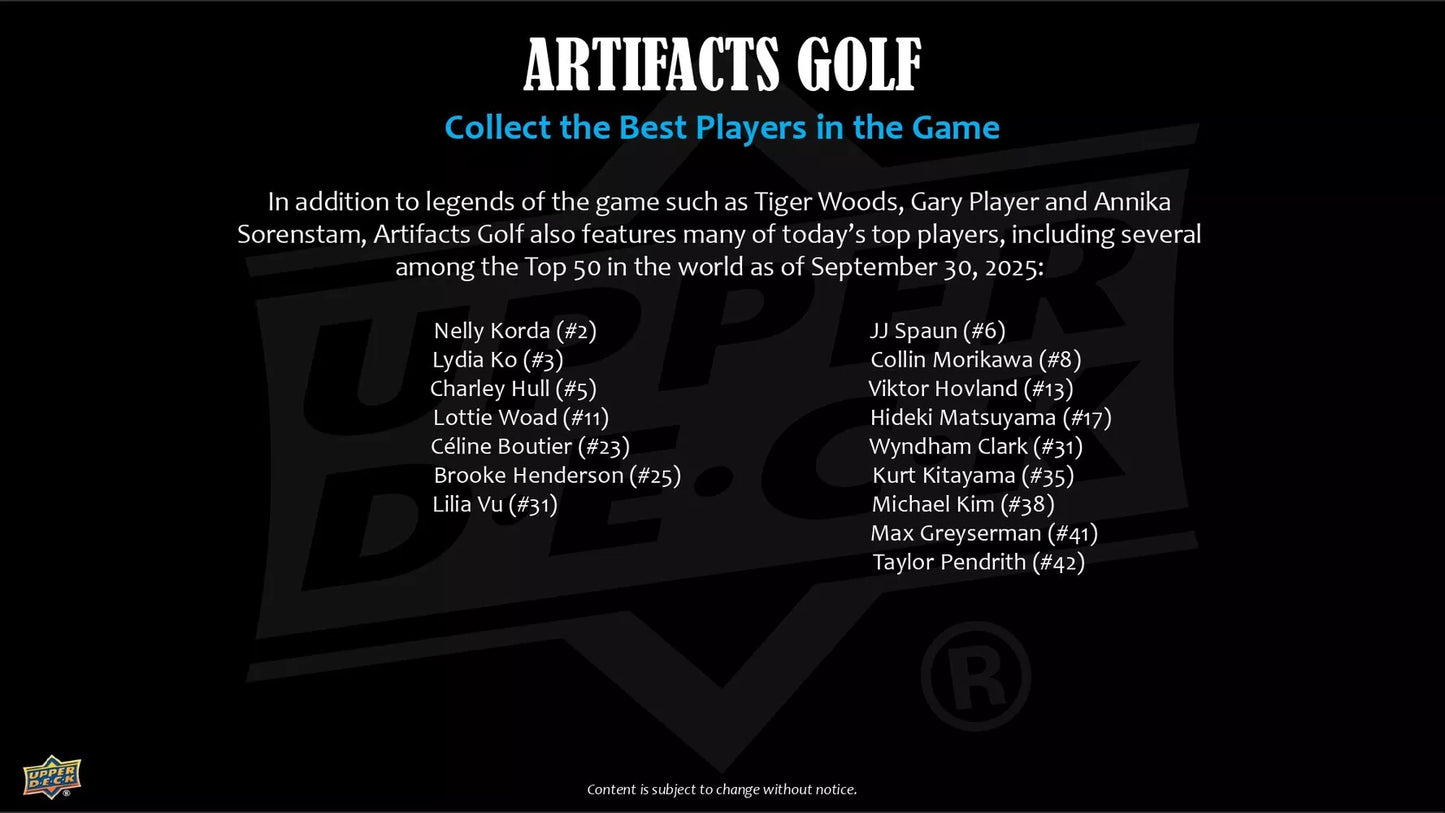 2026 Upper Deck Artifacts Golf Hobby Box with autographs, memorabilia cards and serial-numbered parallels