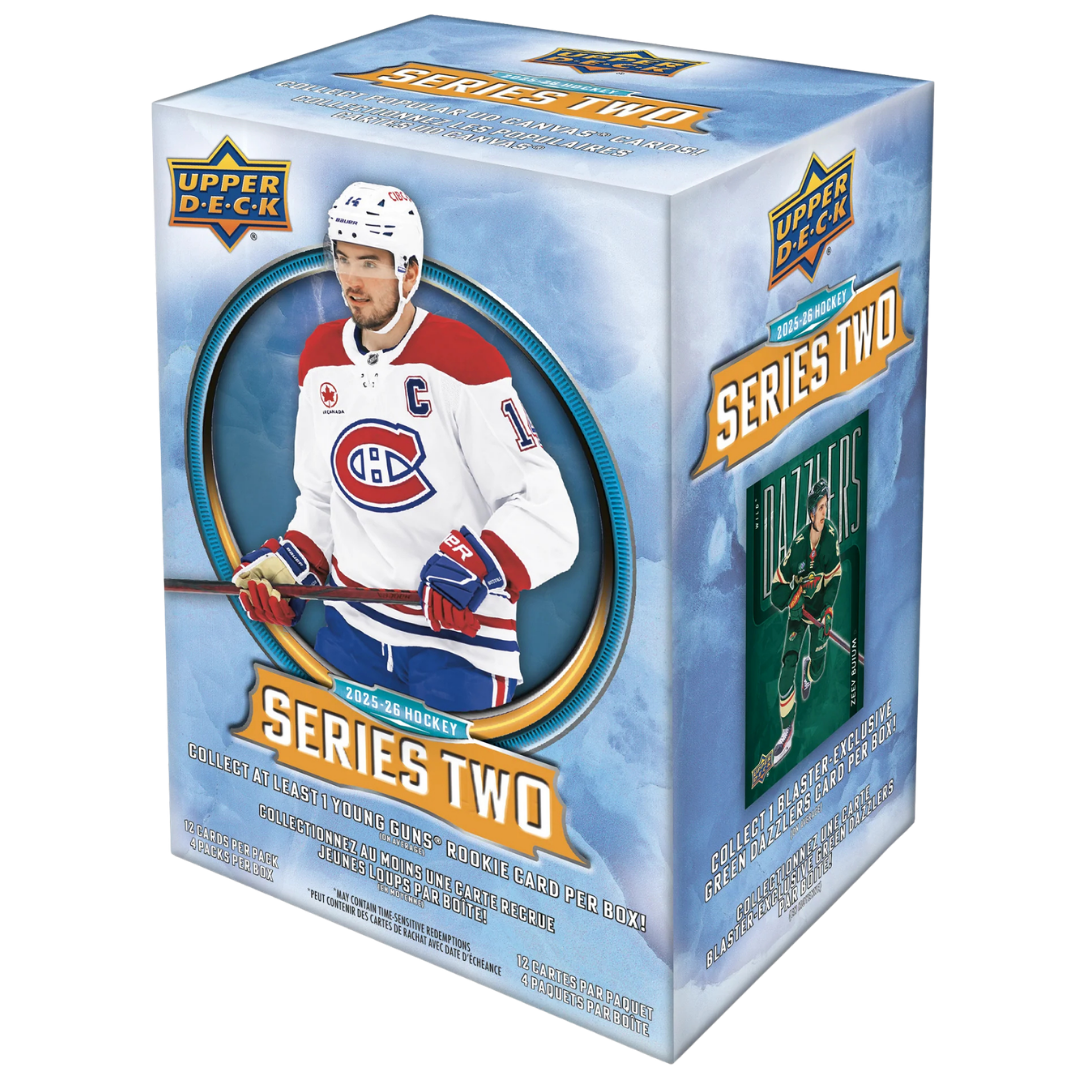 2026 Upper Deck Series 2 Hockey Blaster Box with NHL trading card packs and Young Guns rookies