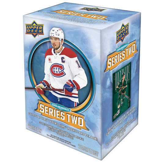 2026 Upper Deck Series 2 Hockey Blaster Box with NHL trading card packs and Young Guns rookies