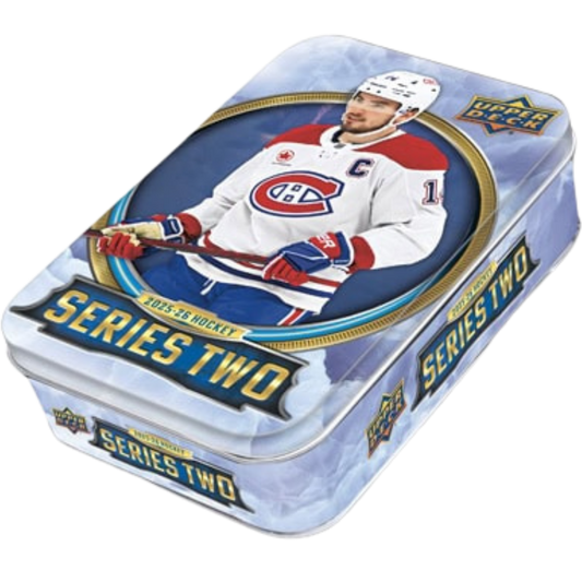 2026 Upper Deck Series 2 Hockey Tin collectible metal tin with NHL trading card packs and Young Guns rookies