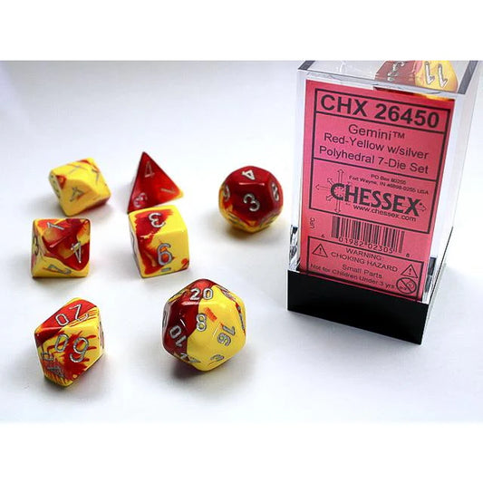 Chessex - 7PC - Gemini - Red-Yellow/Silver Numbers