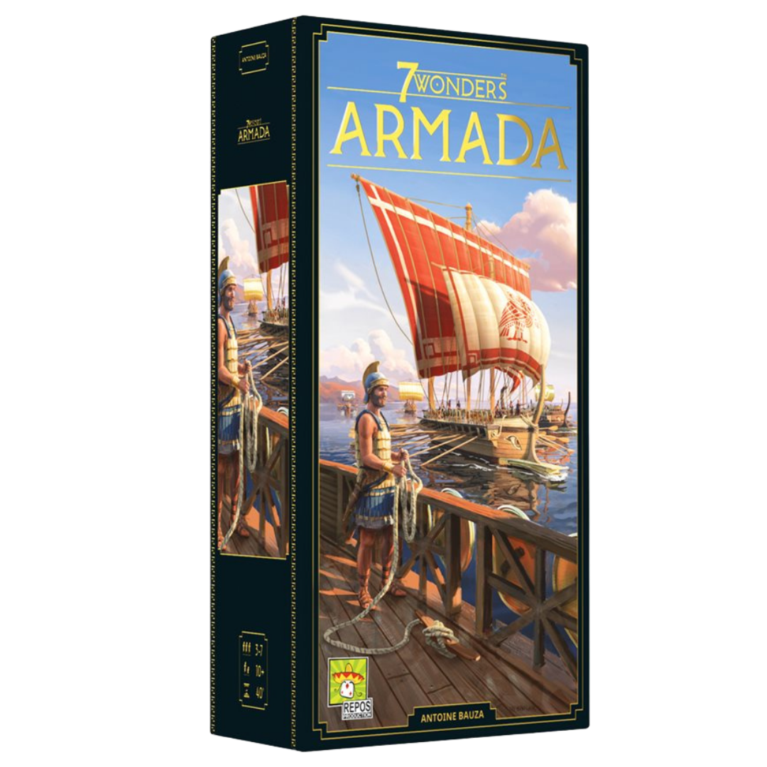 7 Wonders Armada board game expansion box with naval ships, cards, and player boards displayed