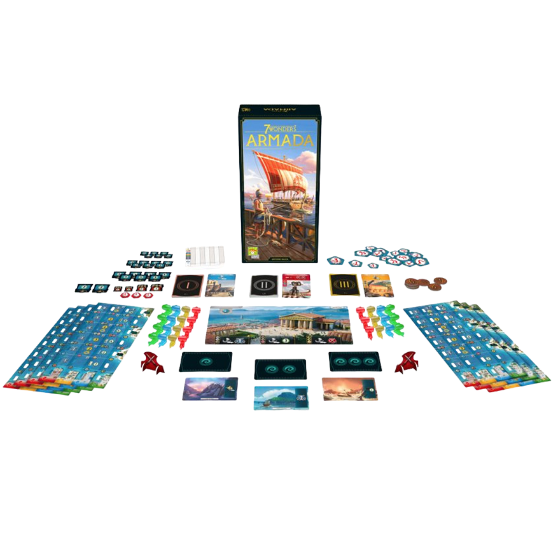 7 Wonders Armada board game expansion box with naval ships, cards, and player boards displayed