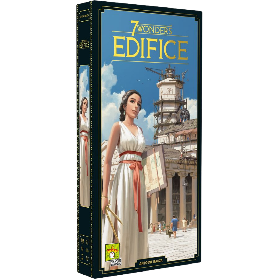 7 Wonders Edifice board game expansion box and cards showing shared monument construction gameplay