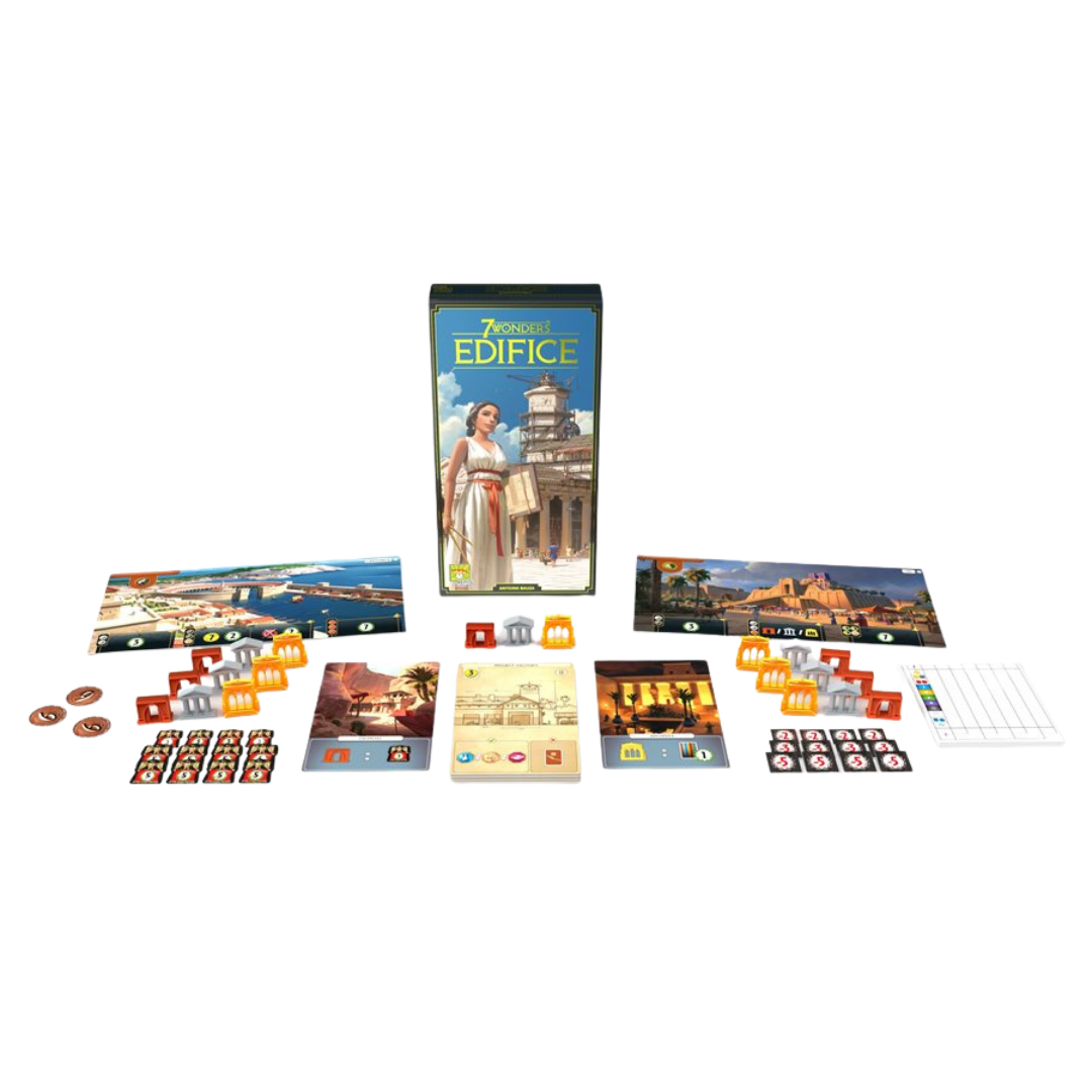 7 Wonders Edifice board game expansion box and cards showing shared monument construction gameplay