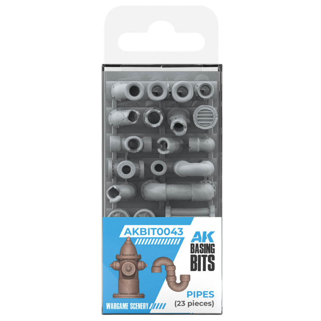 AK Interactive Basing Bits Pipes set with 23 resin pipe fittings and industrial scenery pieces for miniature bases