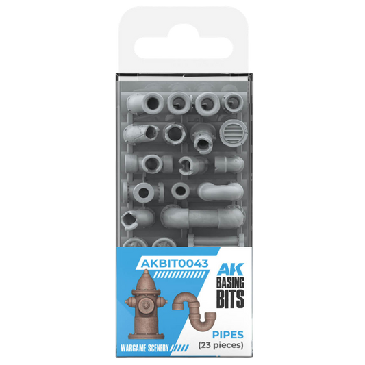 AK Interactive Basing Bits Pipes set with 23 resin pipe fittings and industrial scenery pieces for miniature bases