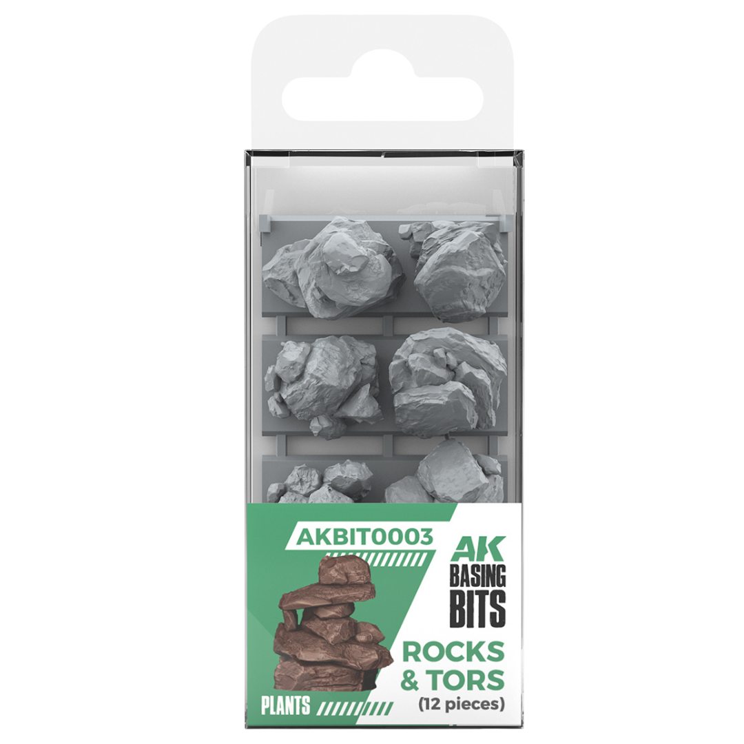 AK Interactive Basing Bits Rocks & Tors set of 12 detailed 3D-printed resin rock formations for miniature bases