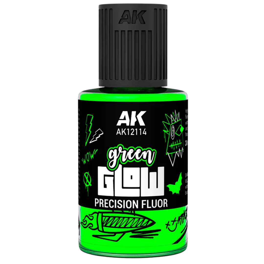 AK Interactive Glow Precision Fluor Green 30ml enamel effect paint with built-in brush for miniatures and terrain