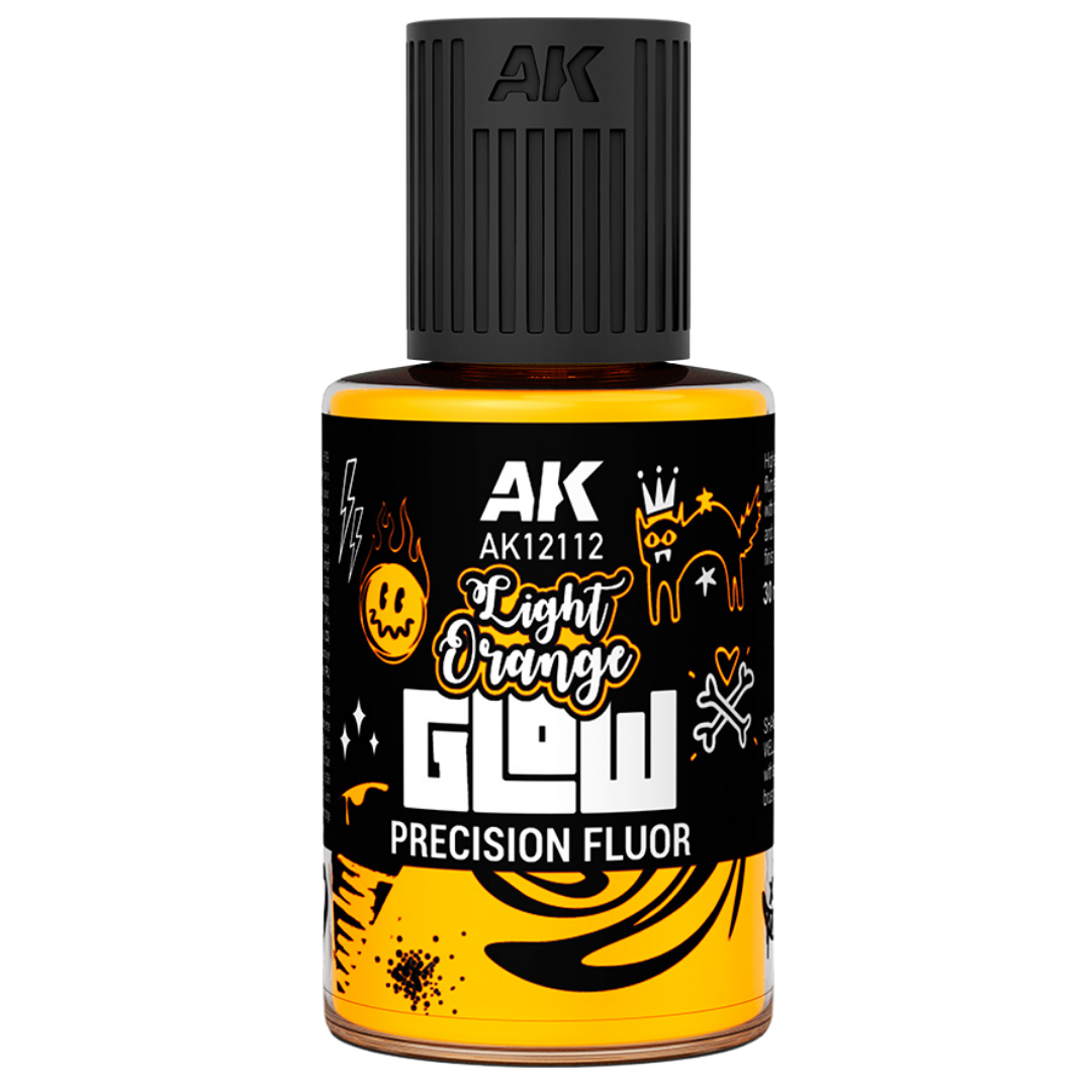 AK Interactive Glow Precision Fluor Light Orange 30ml fluorescent enamel paint with built-in brush for miniature effects