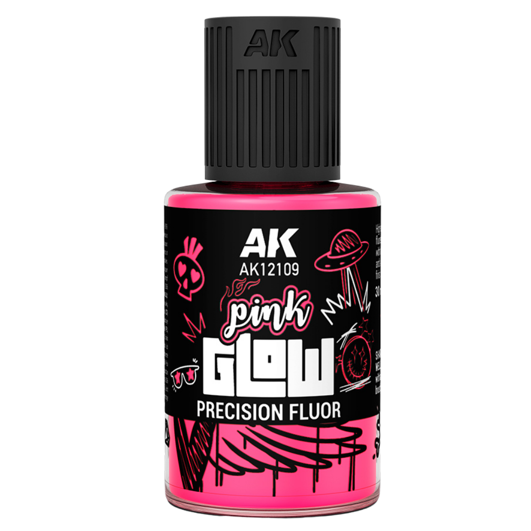 AK Interactive Glow Precision Fluor Pink 30ml fluorescent enamel paint with built-in brush for miniature effects