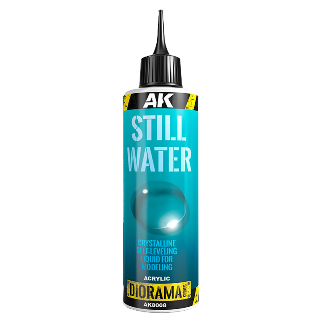 AK Interactive Still Water 250ml clear self-leveling acrylic liquid for miniature terrain, dioramas, and realistic water effects