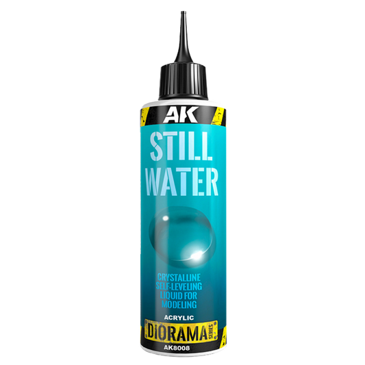 AK Interactive Still Water 250ml clear self-leveling acrylic liquid for miniature terrain, dioramas, and realistic water effects