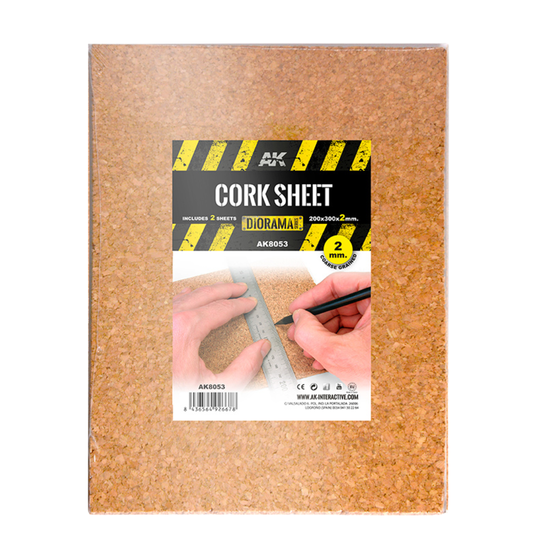 AK Interactive Terrains Cork Sheets, coarse-grained 200x300x2mm, ideal for creating rugged textures in dioramas and wargaming terrain.