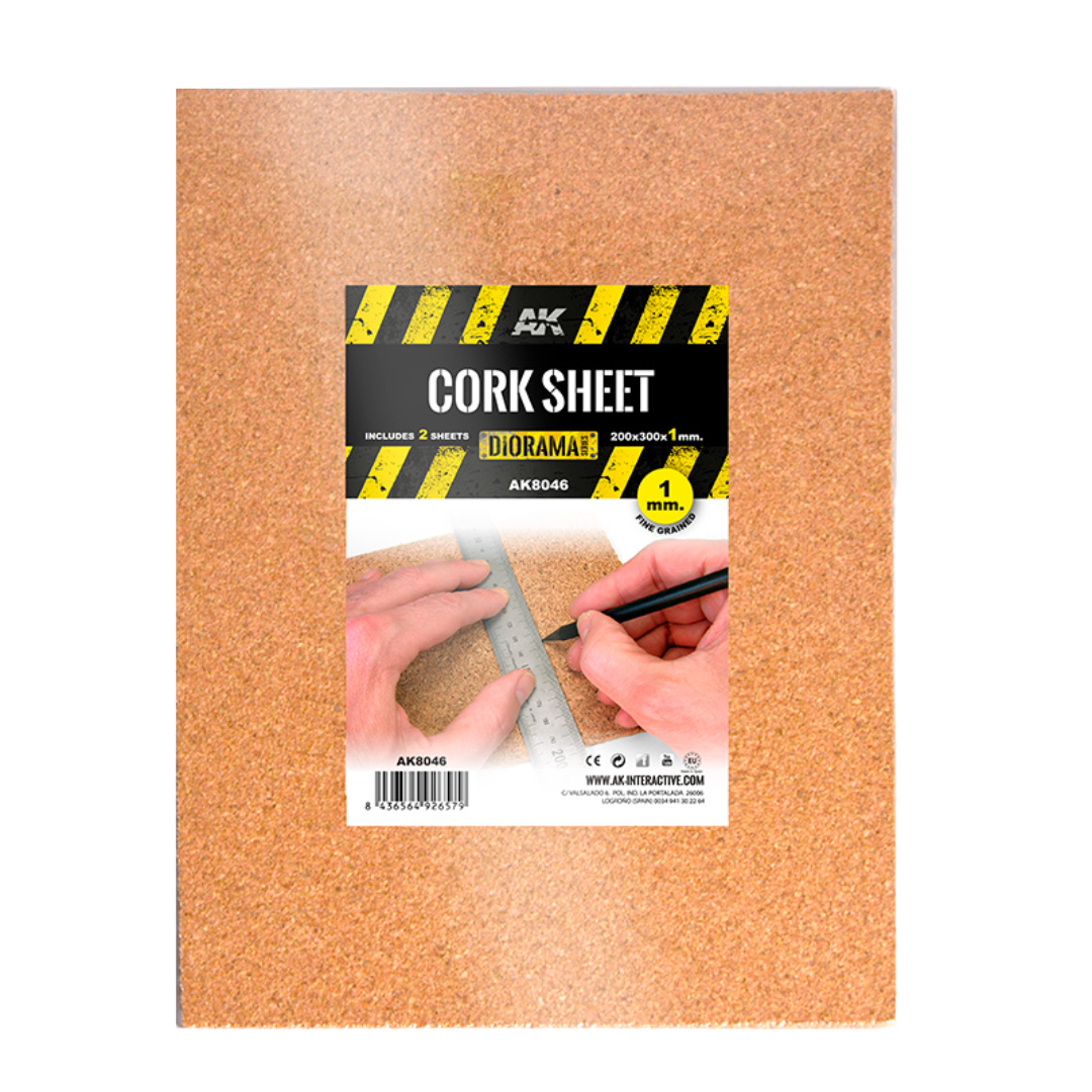 AK Interactive Terrains Cork Sheets, fine-grained 200x300x1mm, perfect for crafting realistic textures in model bases and dioramas.