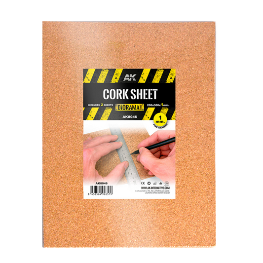 AK Interactive Terrains Cork Sheets, fine-grained 200x300x1mm, perfect for crafting realistic textures in model bases and dioramas.