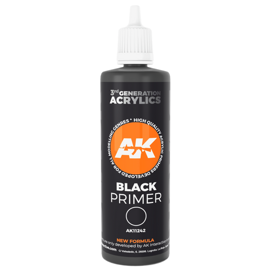 AK Interactive third‑generation black self‑leveling acrylic primer bottle, 100 ml, for model base coating