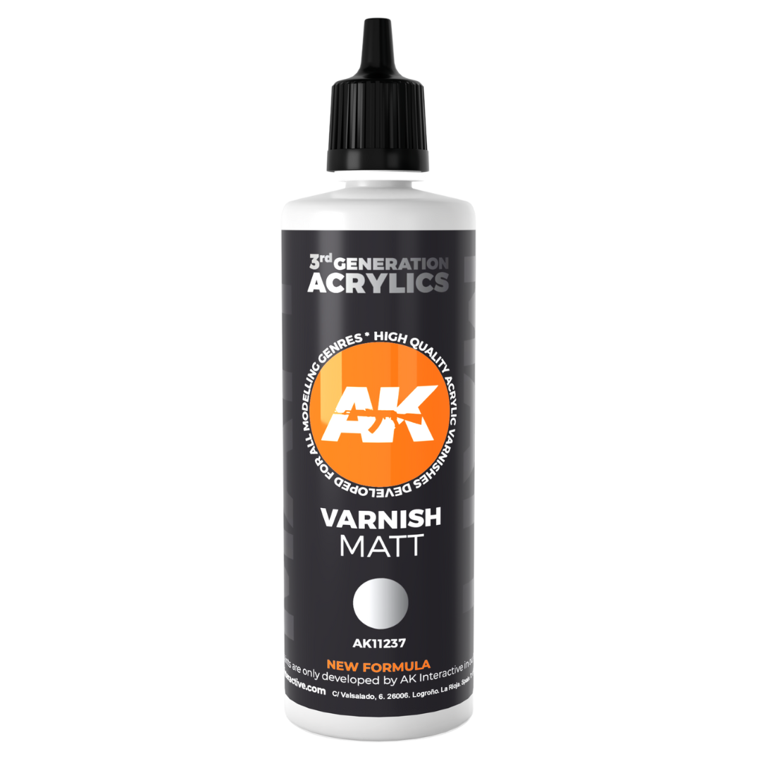 AK Interactive third‑generation matt varnish bottle, 100 ml, for model finishes