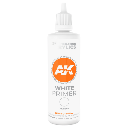 AK Interactive 3G white self‑leveling acrylic primer bottle, 100 ml, for model base coating