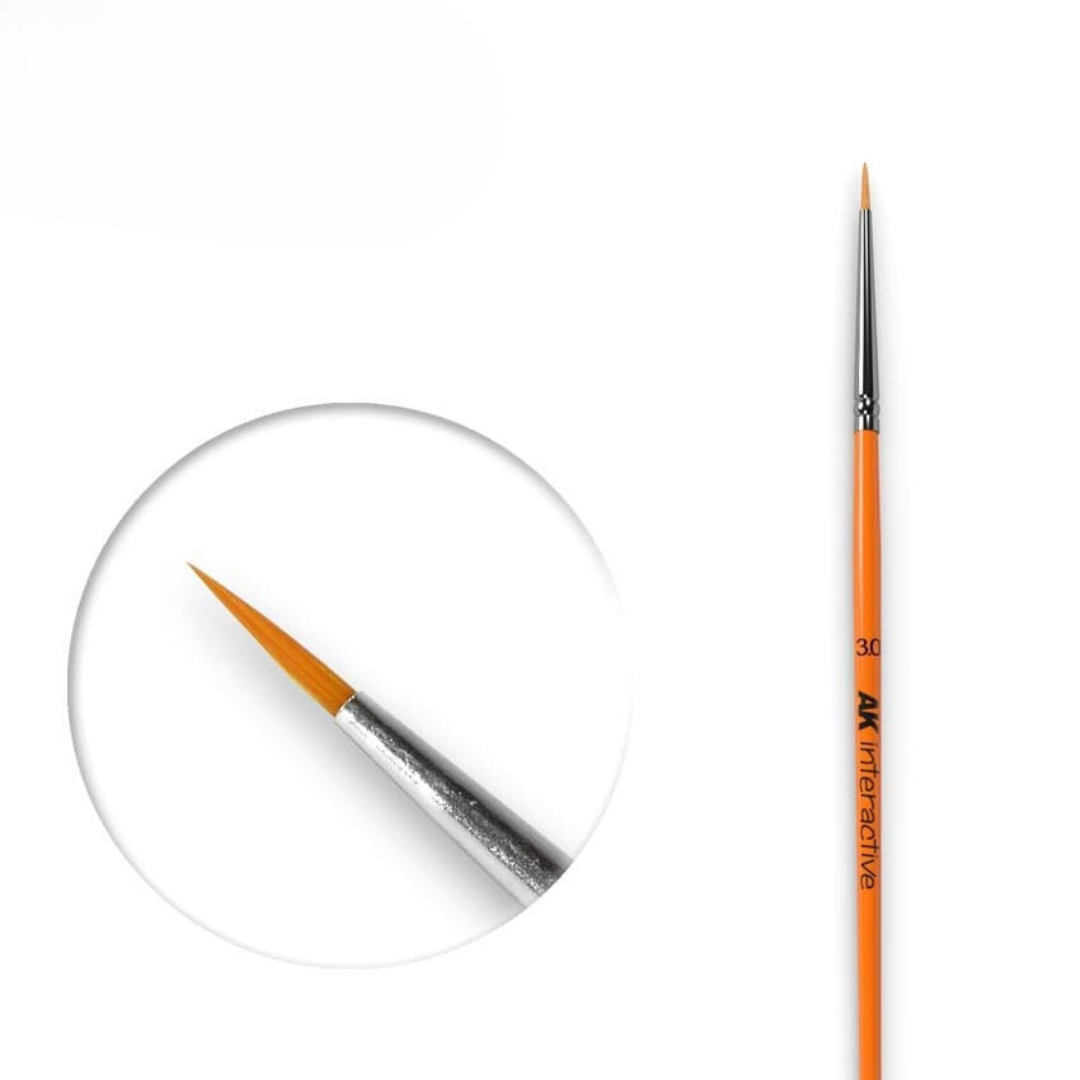 AK Interactive Round Brushes, versatile brushes for modelers, ideal for base coats, fine details, and effects with long-lasting synthetic fibers.