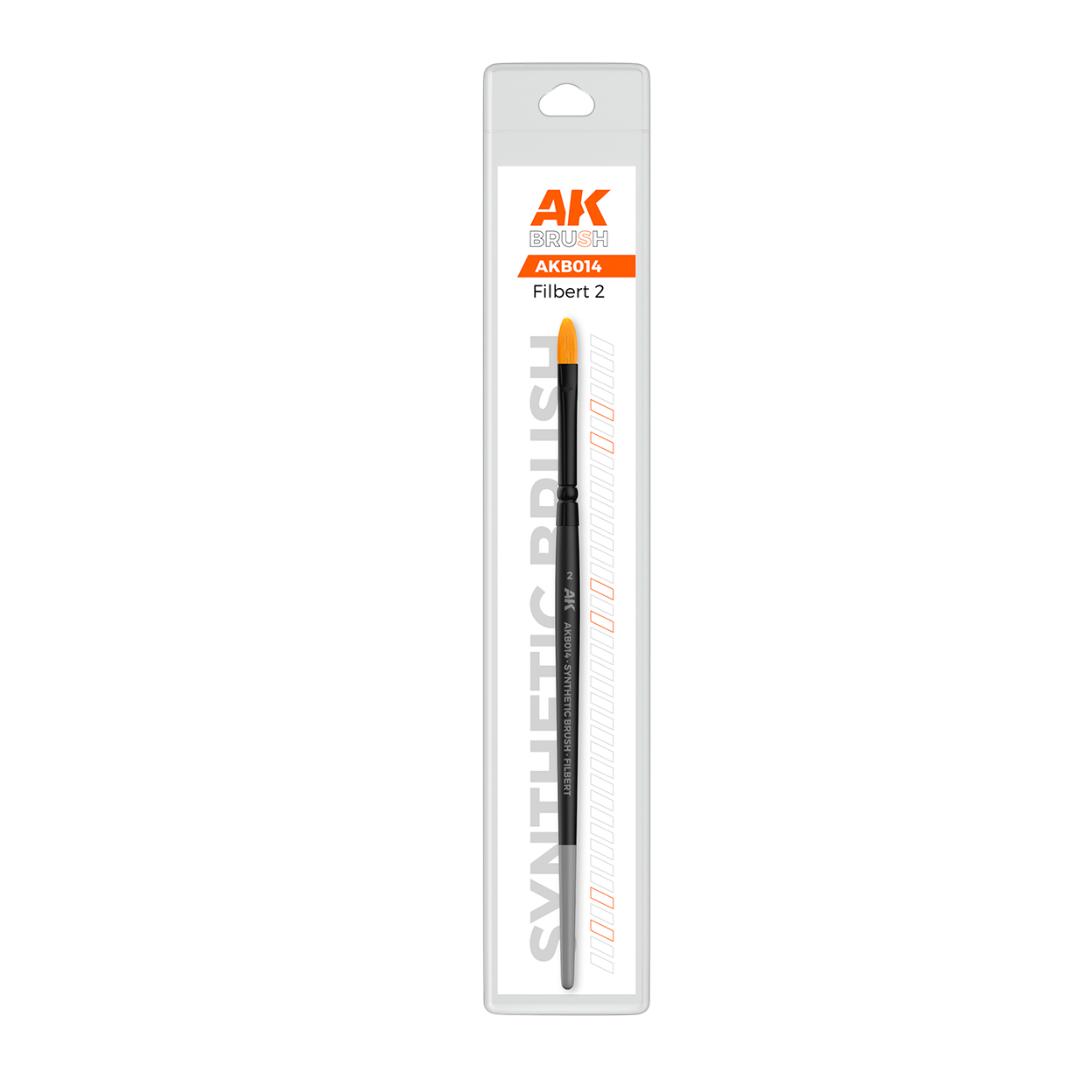 AK Interactive Synthetic Brush Filbert 2 with curved tip, ideal for blending, shading, and soft edges in modeling and miniature painting projects.