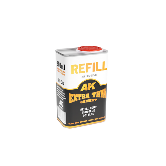 AK Interactive Extra Thin Cement Refill 200 ml canister with dispensing cap.