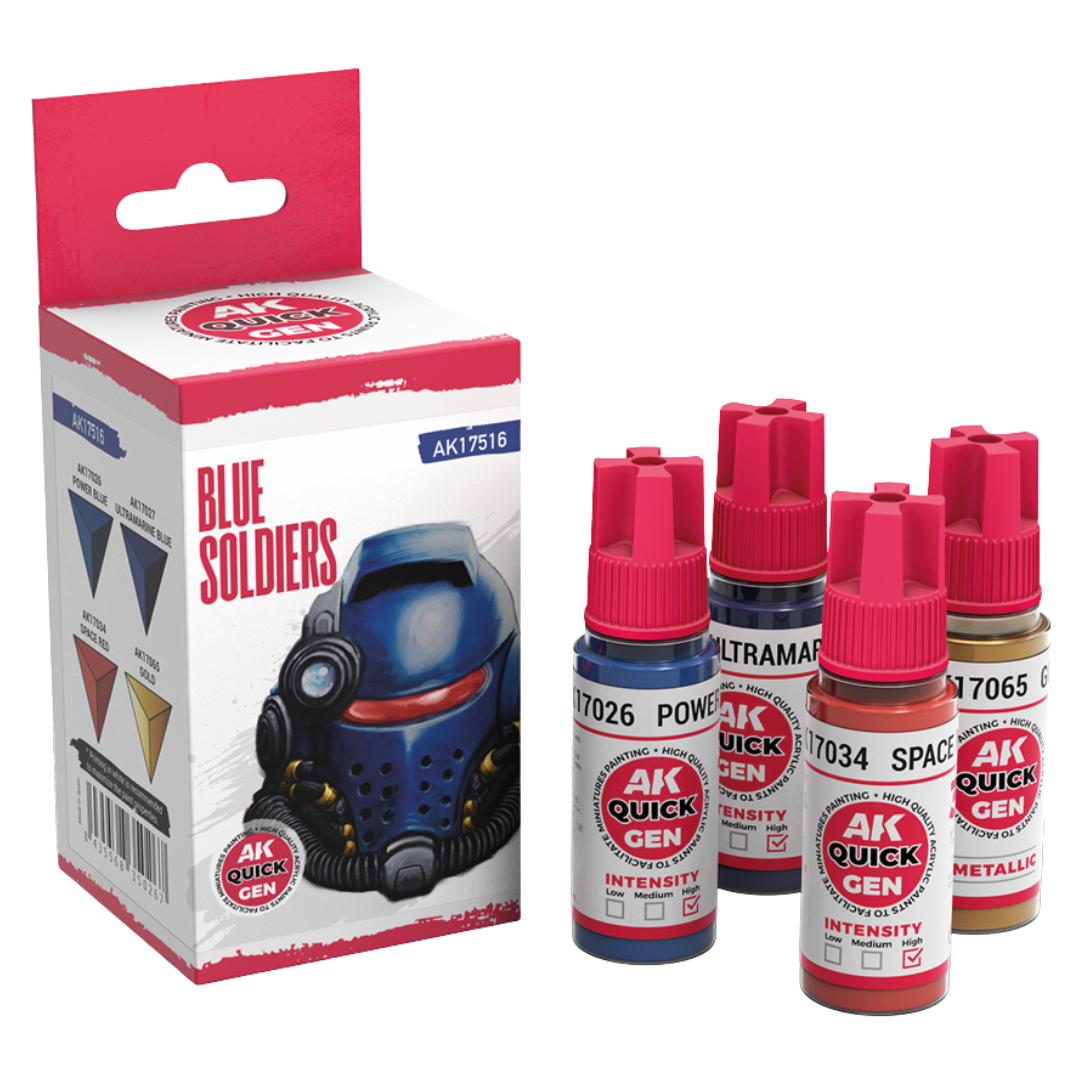 AK Interactive Quick Gen Blue Soldiers paint set of four 18 ml bottles: Power Blue, Ultramarine Blue, Space Red, Gold