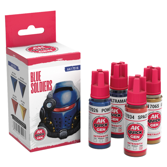 AK Interactive Quick Gen Blue Soldiers paint set of four 18 ml bottles: Power Blue, Ultramarine Blue, Space Red, Gold