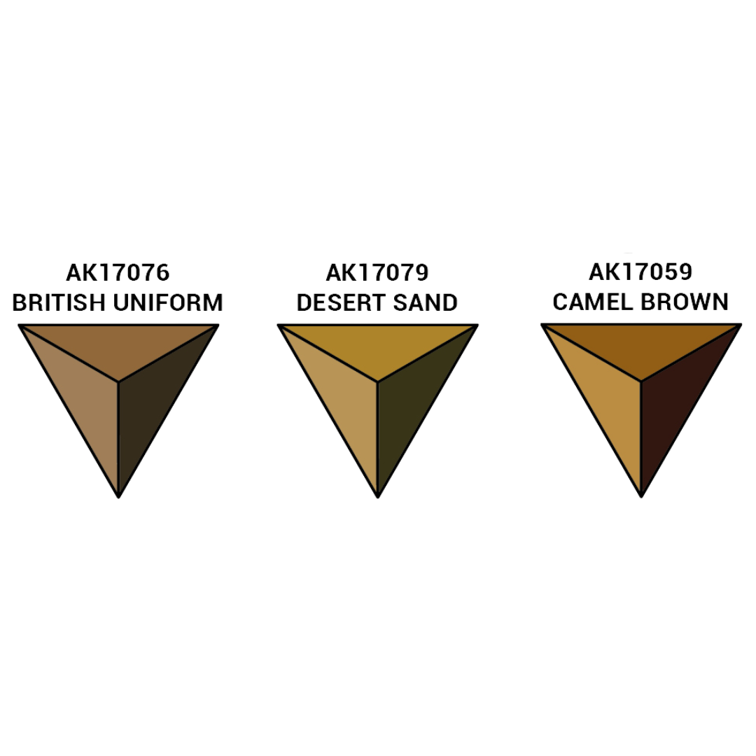 AK Interactive Quick Gen British Uniforms paint set bottles arranged in a row showing authentic historical military colour tones 