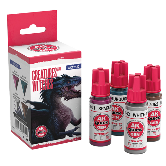 AK Interactive Quick Gen Creatures and Witches paint set with four 18 ml bottles—Space Magenta, Turquoise Blue, White Shadow, Wood—for fantasy miniatures