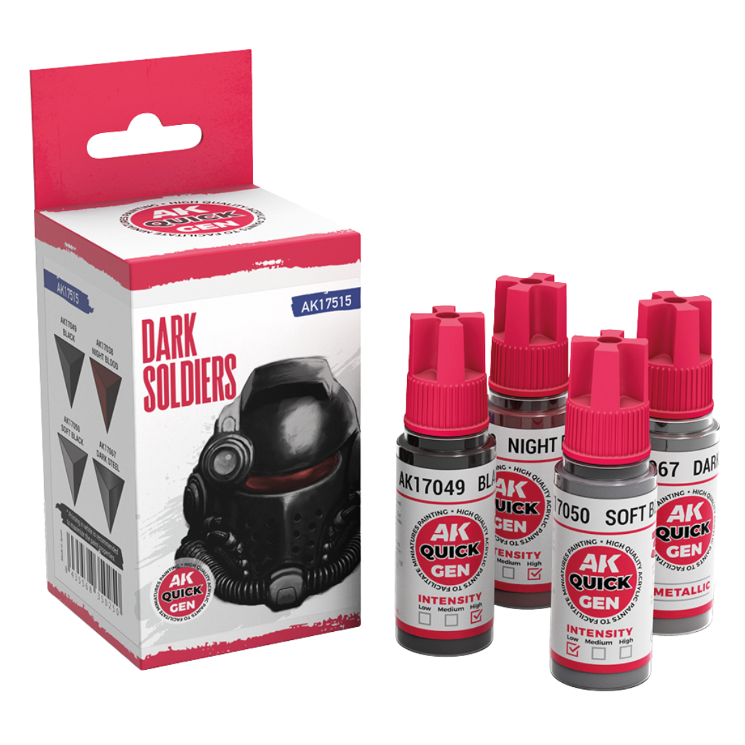 AK Interactive Quick Gen Dark Soldiers paint set – Black, Night Blood, Soft Black, Dark Steel 18 ml bottles