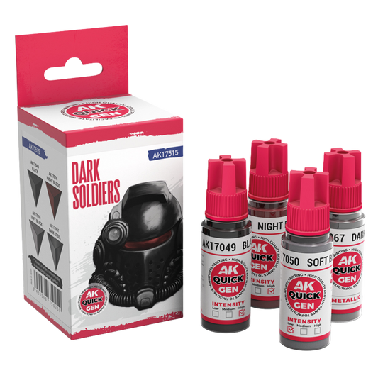 AK Interactive Quick Gen Dark Soldiers paint set – Black, Night Blood, Soft Black, Dark Steel 18 ml bottles
