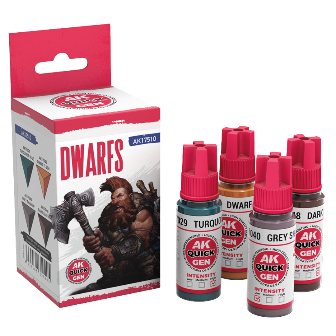 AK Interactive Quick Gen Dwarfs paint set with Turquoise Blue, Dwarf Flesh, Grey Shadow, Dark Leather 18 ml bottles