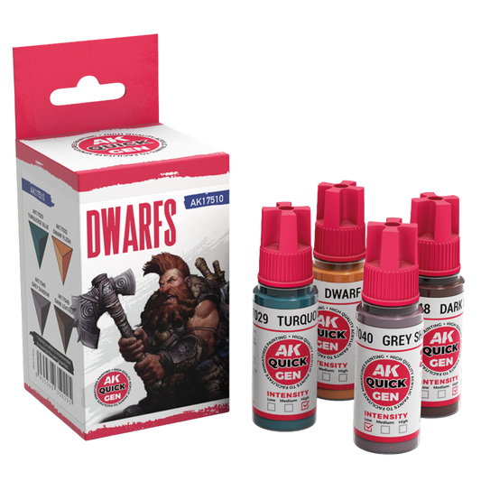 AK Interactive Quick Gen Dwarfs paint set with Turquoise Blue, Dwarf Flesh, Grey Shadow, Dark Leather 18 ml bottles