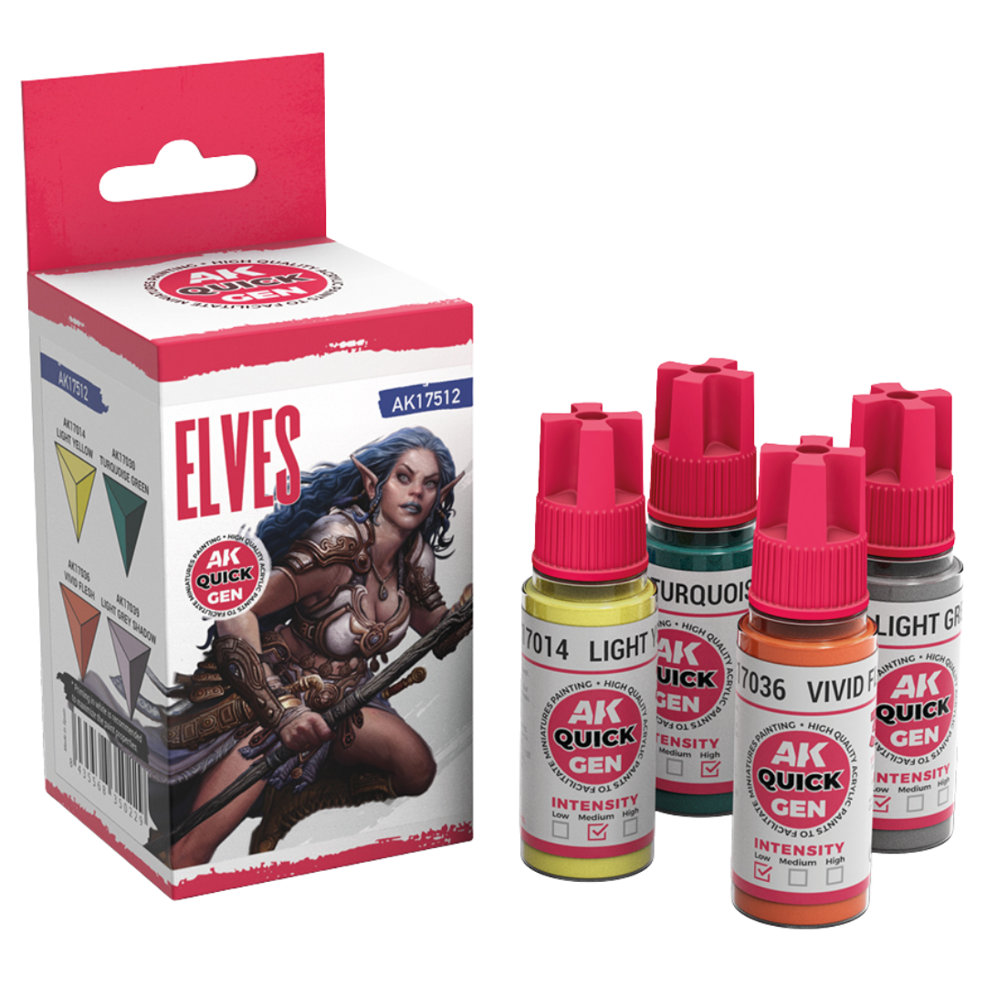 AK Interactive Quick Gen Elves paint set of four 18 ml bottles – Light Yellow, Turquoise Green, Vivid Flesh, Light Grey Shadow