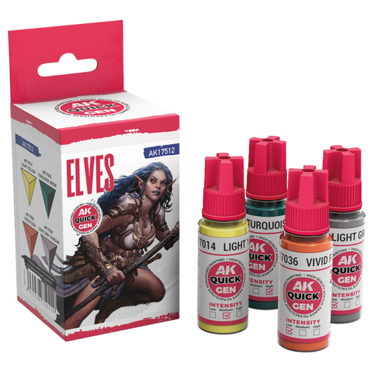 AK Interactive Quick Gen Elves paint set of four 18 ml bottles – Light Yellow, Turquoise Green, Vivid Flesh, Light Grey Shadow