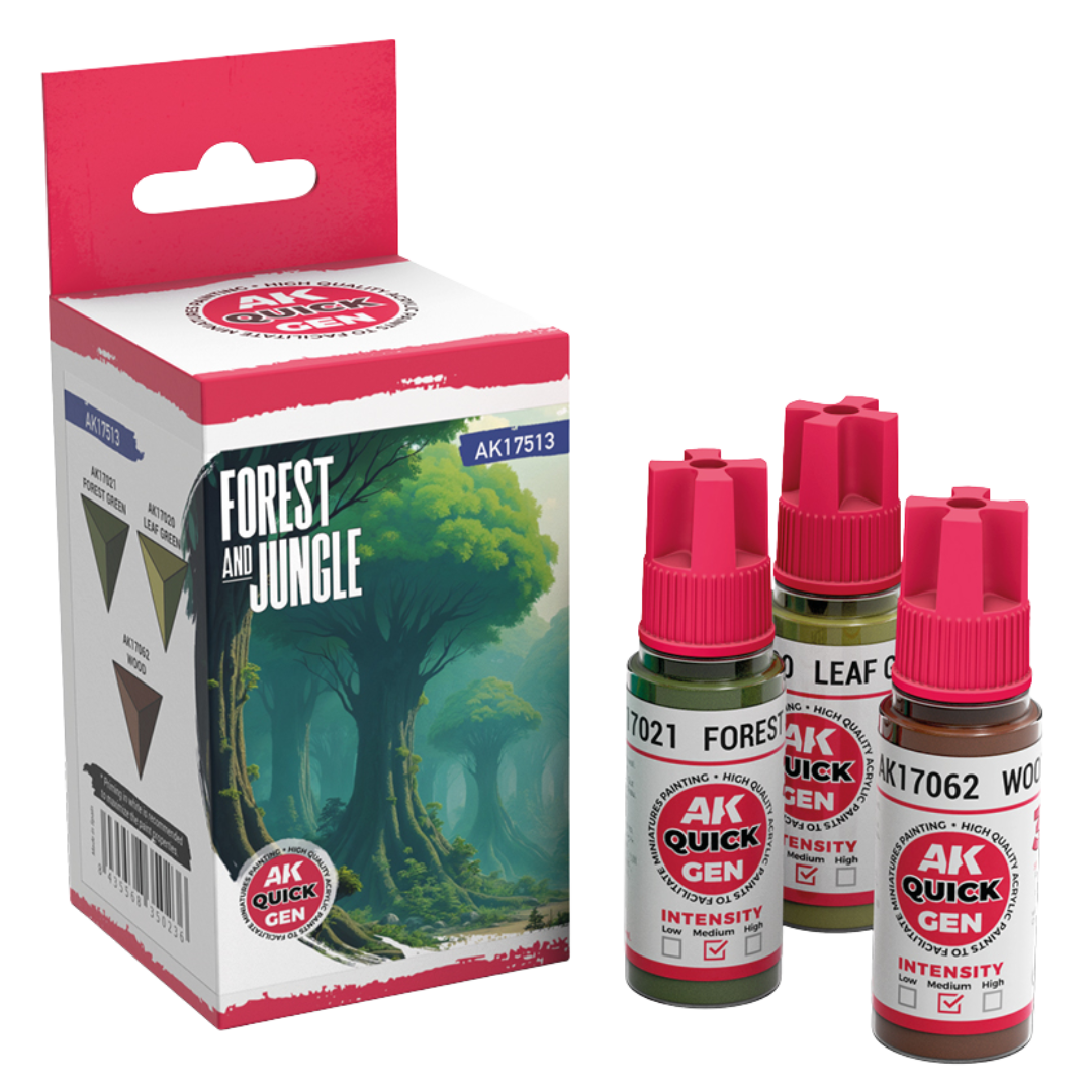 AK Interactive Quick Gen Forest & Jungle paint set – Forest Green, Leaf Green, Wood 18 ml bottles for terrain and foliage effects