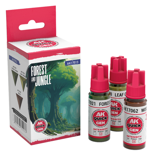 AK Interactive Quick Gen Forest & Jungle paint set – Forest Green, Leaf Green, Wood 18 ml bottles for terrain and foliage effects