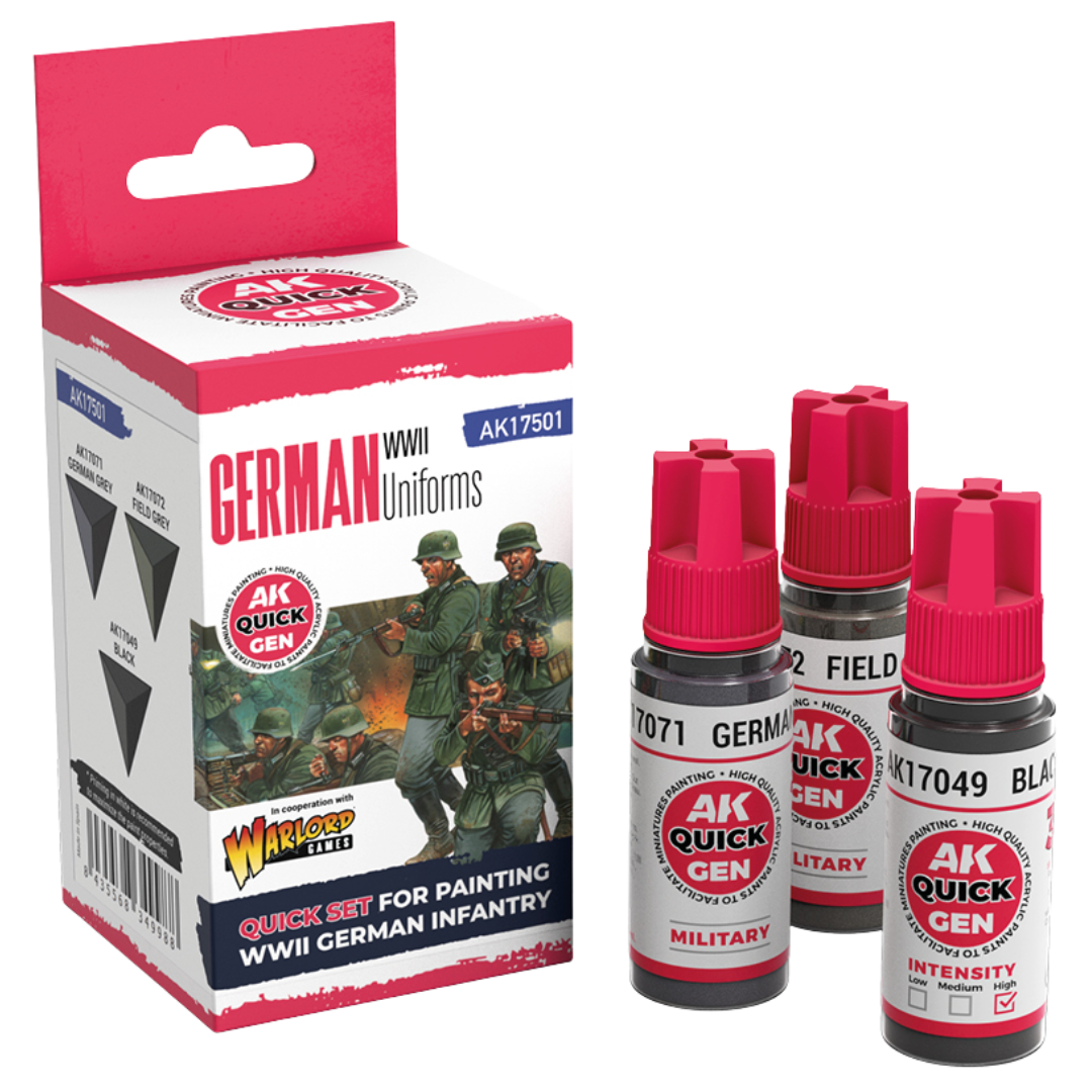 AK Interactive Quick Gen German Uniforms paint set bottles arranged in a row showing authentic historical colour tones 