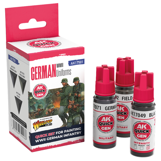 AK Interactive Quick Gen German Uniforms paint set bottles arranged in a row showing authentic historical colour tones 