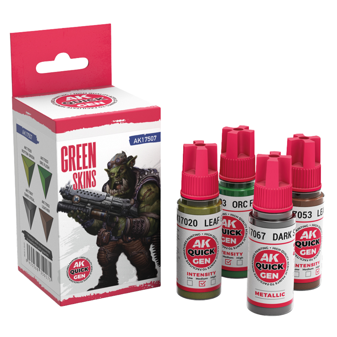 AK Interactive Quick Gen Green Skins paint set – Rotten Green, Orc Flesh, Dark Steel, Leather 18 ml bottles