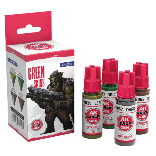 AK Interactive Quick Gen Green Skins paint set – Rotten Green, Orc Flesh, Dark Steel, Leather 18 ml bottles