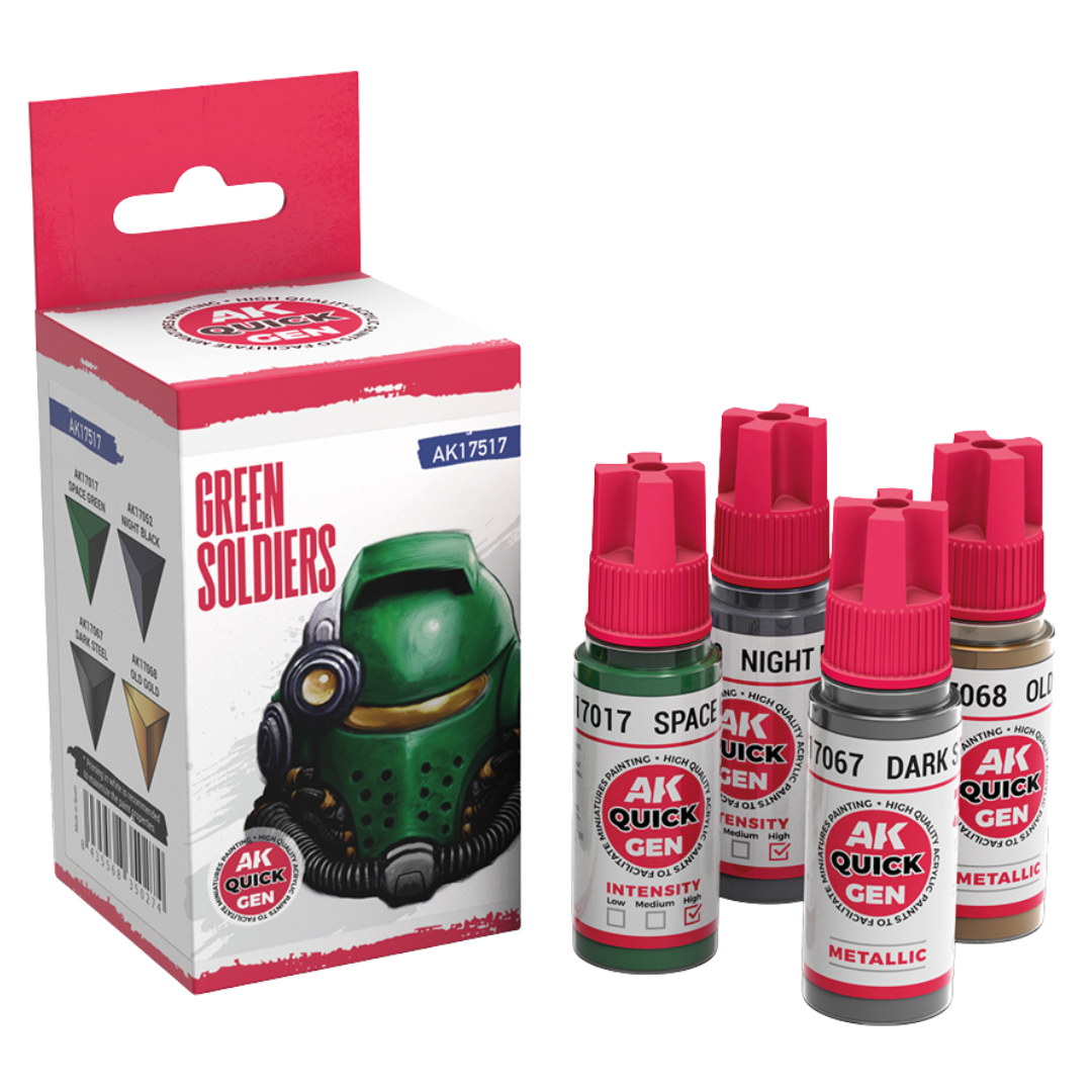 AK Interactive Quick Gen Green Soldiers paint set of four 18 ml bottles: Space Green, Night Black, Dark Steel, Old Gold